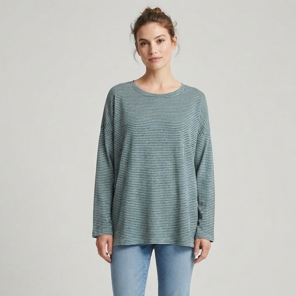 J. Jill Sage Green Striped Cotton Top XL Comfy Minimalist Quiet Luxury